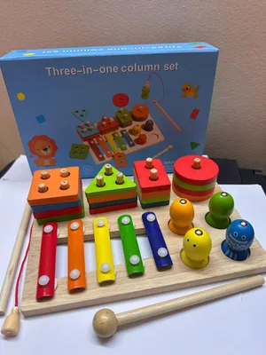 3-in-1 Wooden Montessori Educational Set – Xylophone, Shape Sorter & Magnetic Fishing Game for Toddlers